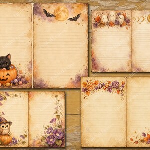 May include: A collection of vintage-style stationery pages featuring Halloween themes. Designs include a black cat in a pumpkin, ghosts with autumn leaves, an owl in a witch hat, and moon phases, all set against aged, lined paper with warm tones.