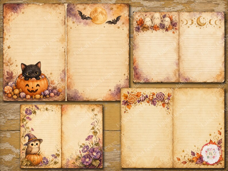 May include: A collection of vintage-style stationery pages featuring Halloween themes. Designs include a black cat in a pumpkin, ghosts with autumn leaves, an owl in a witch hat, and moon phases, all set against aged, lined paper with warm tones.
