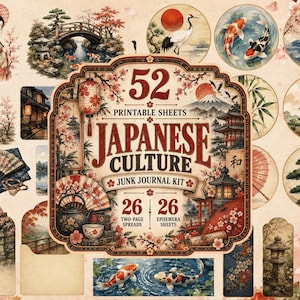 Japansk kultur, skräpjournal, kit med småhandlingar, traditionellt, vintage, kulturarv, utskrivbara scrapbooksidor, collagekonst