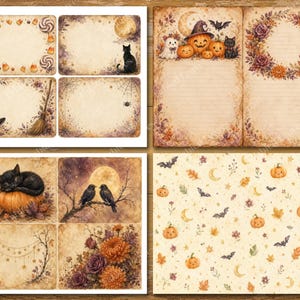May include: A collection of digital paper sheets featuring Halloween-themed illustrations including black cats, pumpkins, bats, moons, witches' hats, brooms, and floral wreaths on aged, parchment-style backgrounds with various borders and patterns.
