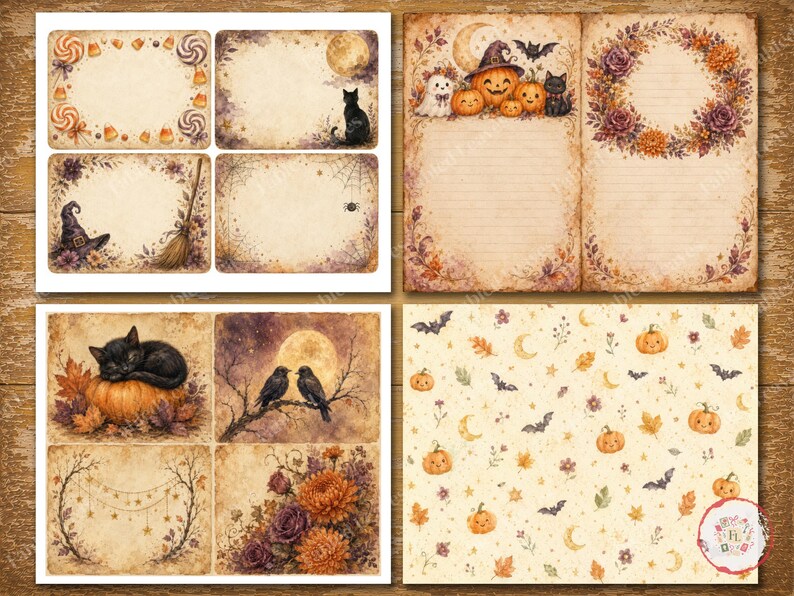 May include: A collection of digital paper sheets featuring Halloween-themed illustrations including black cats, pumpkins, bats, moons, witches' hats, brooms, and floral wreaths on aged, parchment-style backgrounds with various borders and patterns.