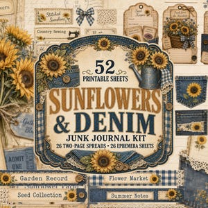 Peut inclure: Un kit de journal créatif numérique comprenant 52 feuilles imprimables sur le thème des tournesols et du jean. La collection inclut des illustrations florales, des poches en jean, des étiquettes vintage et des textes comme Sunflowers & Denim, Garden Record et Seed Collection.