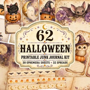 May include: A Halloween printable junk journal kit featuring 62 pieces, including 30 ephemera sheets and 32 spreads. The collection displays illustrations of black cats, ghosts, pumpkins, bats, and owls in a vintage, aged paper aesthetic.