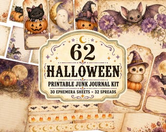 May include: A Halloween printable junk journal kit featuring 62 pieces, including 30 ephemera sheets and 32 spreads. The collection displays illustrations of black cats, ghosts, pumpkins, bats, and owls in a vintage, aged paper aesthetic.