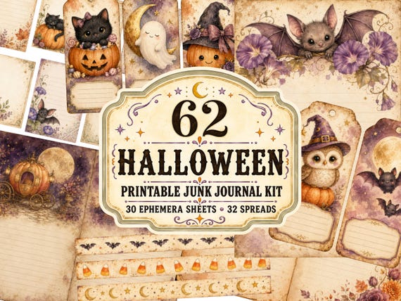 Halloween Junk Journal Kit · Witch Pumpkin Ghost Autumn Scrapbook Printable Ephemera · Digital Download