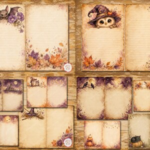 May include: A collection of digital stationery papers featuring vintage-style lined pages with autumn and Halloween illustrations, including owls in witch hats, bats, pumpkins, black cats, ghosts, fall leaves, and floral accents in purple and orange.