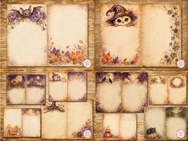 May include: A collection of digital stationery papers featuring vintage-style lined pages with autumn and Halloween illustrations, including owls in witch hats, bats, pumpkins, black cats, ghosts, fall leaves, and floral accents in purple and orange.