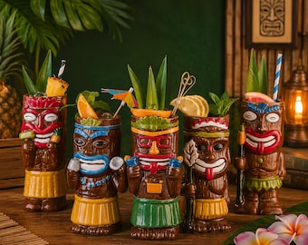 Handcrafted Tiki Mug with Tribal Face Design, Perfect for Tropical Cocktails and Bar Decor at Home