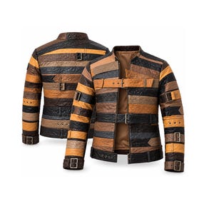 May include: A jacket featuring horizontal stripes in shades of black, brown, and tan with a textured finish. The garment includes multiple adjustable buckled straps across the chest, waist, and sleeves, a stand-up collar, and a solid brown interior lining.