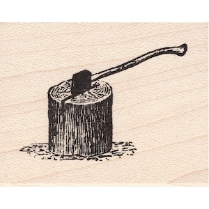 May include: A monochrome illustration of a wooden chopping block with an axe embedded in it. The axe handle extends diagonally. The block is textured with visible wood grain, suggesting a rustic theme.