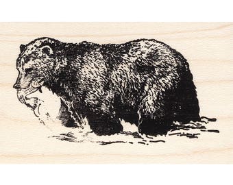 May include: A black and white illustration of a bear walking through a stream. The bear is looking down at the ground and has its mouth open.
