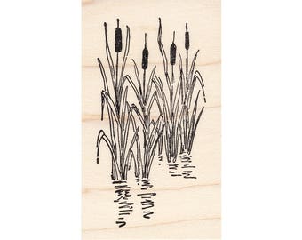 Cattails in Pond 1352G Beeswax Rubber Stamps Unmounted, Cling, Mounted Stamp Scenic, Landscape Stamping