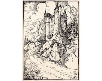 Castle With Drawbridge 589P Beeswax Rubber Stamps Unmounted, Cling, Mounted Stamp Scenic Stamping