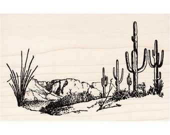 May include: A black and white line drawing of a desert landscape with tall cacti and a mountain range in the background.