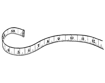 May include: Black and white illustration of a flexible measuring tape. The tape is curved, showing measurements from 4 to 12 inches, with the end showing 5.9 inches. Ideal for sewing, crafting, or body measurements.
