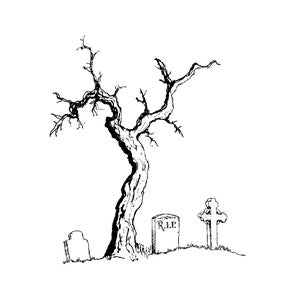 Puede incluir: Ilustraci&oacute;n en blanco y negro de una escena de cementerio. Un &aacute;rbol nudoso se alza junto a tres l&aacute;pidas, una con la inscripci&oacute;n "R.I.P.". La imagen evoca Halloween o un entorno embrujado, con el &aacute;rbol y las l&aacute;pidas.