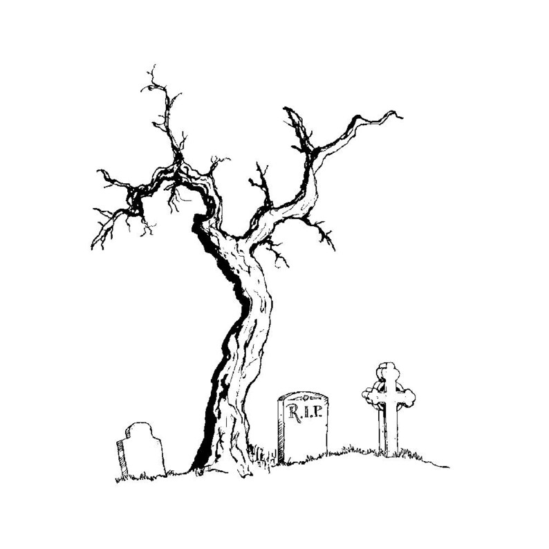 Puede incluir: Ilustraci&oacute;n en blanco y negro de una escena de cementerio. Un &aacute;rbol nudoso se alza junto a tres l&aacute;pidas, una con la inscripci&oacute;n "R.I.P.". La imagen evoca Halloween o un entorno embrujado, con el &aacute;rbol y las l&aacute;pidas.