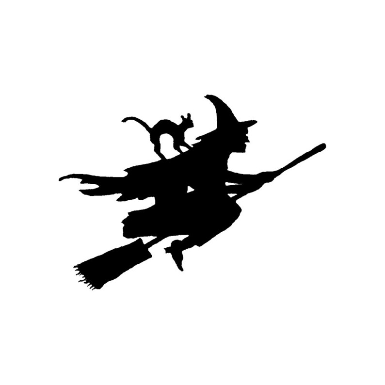 K&ouml;nnte beinhalten: Silhouette einer Hexe, die auf einem Besen fliegt, mit einer schwarzen Katze auf ihrer Schulter.