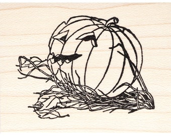 May include: A black and white line drawing of a jack-o'-lantern pumpkin with a scary face. The pumpkin is sitting in a pile of leaves and vines.