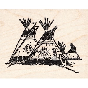May include: Black and white illustration of three teepees with decorative patterns. The teepees are set against a white background.