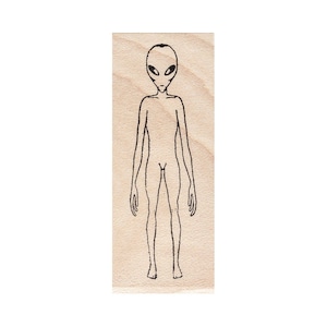 May include: A rubber stamp featuring a line drawing of a gray alien with large eyes.
