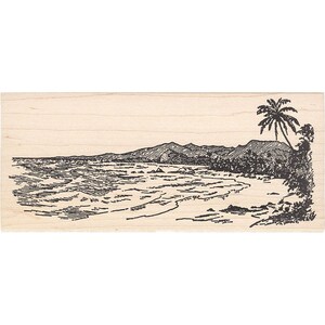 May include: Black and white line drawing of a beach scene with a palm tree, mountains, and ocean waves.