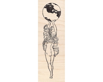 May include: A black and white line drawing of a woman holding a globe above her head. The woman is nude and has long flowing hair. The globe is a simple representation of the Earth with continents outlined.