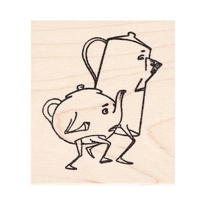 May include: A black and white line drawing of a teapot and a pitcher with faces and legs walking. The teapot is in front of the pitcher and appears to be pushing the pitcher forward.
