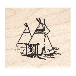 May include: A black and white illustration of two teepees on a wooden background. The teepees have geometric patterns and are drawn in a simple style.