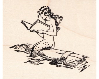 Mermaid Reading 1713H Beeswax Rubber Stamps Unmounted, Cling, Mounted Mythical Creature