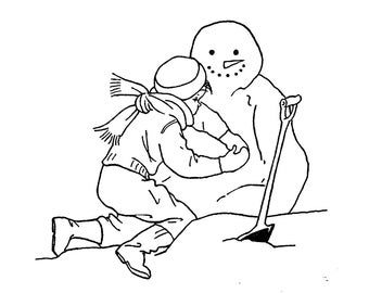 以下が含まれることがあります： 子供が雪だるまを抱きしめている白黒の線画。子供は帽子、スカーフ、ジャケットを着ています。雪だるまには人参の鼻と石炭の目と口があり、シャベルが寄りかかっています。