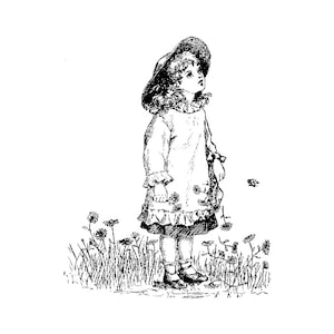 May include: A black and white illustration of a young girl wearing a hat and dress, standing in a field of flowers. She is looking up at something off-screen.