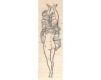 May include: A line drawing of a woman with long hair, standing with her arms raised above her head. The drawing is on a wooden surface.