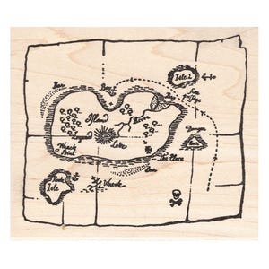 May include: A hand-drawn treasure map with a skull and crossbones at the bottom. The map shows an island with a lake, a bay, a wreck, and a dangerous area. The text on the map reads "Isle", "The Place", "Wreck Point", "Island", "Lake", "Bay", "Danger", "The Place", "Wreck", "Rock Isle", and "Isle".