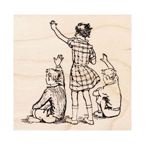 May include: A black and white line drawing of three children standing in a row. The child in the middle is a girl wearing a plaid dress and has her arm raised. The two children on either side are boys, one with his arm raised and the other with his hand on his hip.