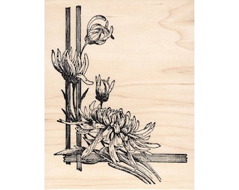 May include: Black and white line art illustration of a floral arrangement with chrysanthemums and stems. The flowers are arranged in a corner of the image with a wooden background.