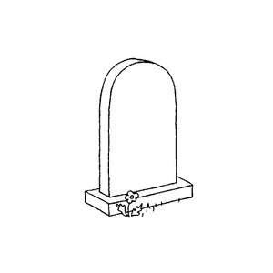 May include: Line drawing of a blank tombstone with a rounded top. The tombstone is rectangular at the base and has a small flower and grass illustration at the bottom. The image is in black and white.