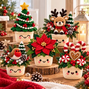May include: A collection of five crocheted holiday decorations in cream-colored pots with smiling faces. The set includes a Christmas tree, a reindeer, a robin, a poinsettia, and a gingerbread heart with candy canes, all featuring festive accents.
