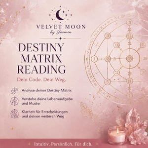 Puede incluir: Un gráfico digital para una lectura de matriz de destino de Velvet Moon by Jasmin. El diseño presenta un fondo rosa pálido con un diagrama geométrico dorado, una vela encendida en un portavelas de cristal y un grupo de cristales. Texto: Destiny Matrix Reading.