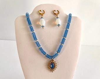 Clear blue glass beaded necklace with vintage gold and blue pendant and opaline drop earrings, Vintage pendant, Toggle necklace set