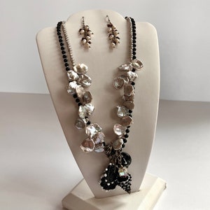 Double strand white freshwater baroque pearl & obsidian beaded toggle necklace with vintage hand blown glass pendant, cluster drop earrings