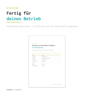 Op de afbeelding: Een document getiteld 'Nutzung von Künstlicher Intelligenz im Unternehmen' met een tabel met bedrijfsgegevens. Daarboven de tekst 'KI-RICHTLINIE Fertig für deinen Betrieb' en 'Vollständig ausformuliert. In 30 Minuten auf dein Unternehmen angepasst.'