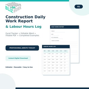 Construction Daily Work Report & Labor Hours Log | Excel Tracker, Editable Word, Fillable PDF | Jobsite Daily Report Template