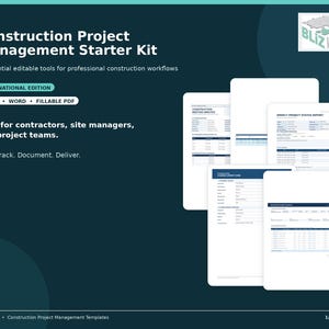 Può includere: Un kit di avvio per la gestione di progetti di costruzione con sei strumenti modificabili in formato Excel, Word e PDF compilabile. La grafica blu scuro mostra il testo Plan. Track. Document. Deliver. e include anteprime di vari moduli di progetto.