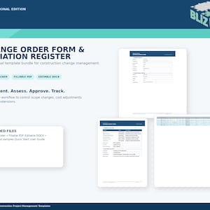 Construction Change Order Form & Variation Register | Excel Tracker, Fillable PDF, Editable DOCX | Contractor Project Management Template