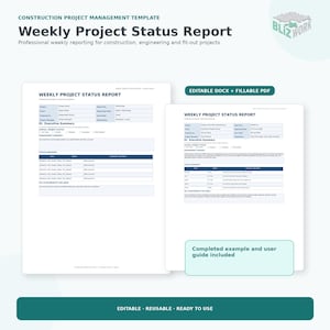 Construction Weekly Status Report Template | Editable DOCX & Fillable PDF | Progress, Schedule, Budget, Risks and Action Items