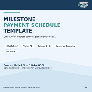 Könnte beinhalten: Ein digitales Dokument mit dem Titel Milestone Payment Schedule Template und dem Untertitel Construction progress payment planning made clear. Es enthält Schaltflächen für Editable Excel, Fillable PDF, Editable DOCX, Completed Examples und User Guide.