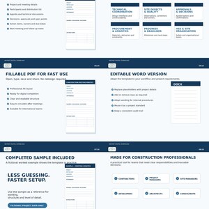 Könnte beinhalten: Eine digitale Vorlage für Baubesprechungsprotokolle mit bearbeitbaren DOCX- und ausfüllbaren PDF-Dateien. Das Dokument enthält Abschnitte für Projektdetails, Teilnehmer, Tagesordnung, Entscheidungen und Aufgaben für professionelle Baustellenprotokolle.