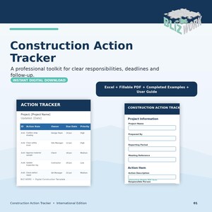 Könnte beinhalten: Eine digitale Vorlage für einen Construction Action Tracker mit dunkelblauem Kopfbereich und dem Bliz Work Logo. Sie enthält eine Tabelle für Aufgaben mit Spalten für ID, Verantwortliche, Fälligkeitsdatum und Priorität sowie ein ausfüllbares PDF-Formular.