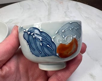 Vintage Japanese Porcelain Teacups – Set of 2 Hand-Painted Blue Leaf and Orange Persimmon Sake Cups, Ceramic Yunomi Teaware, Asian Tableware